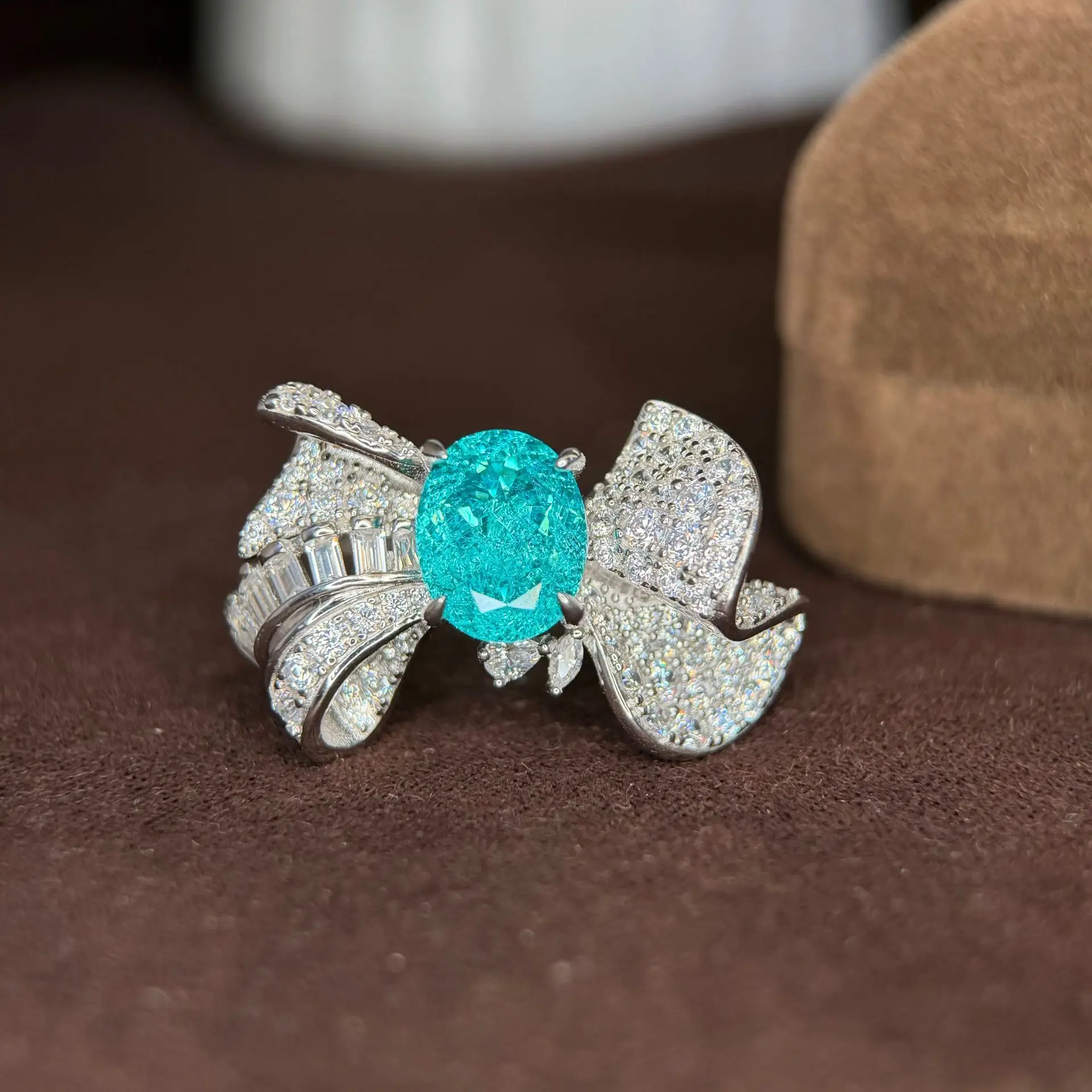 Lab-Grown Paraiba 8*10mm Crushed Ice Statement Ring Fine Jewelry 925 Sterling Silver Engagement Daily Luxury For Men And Women
