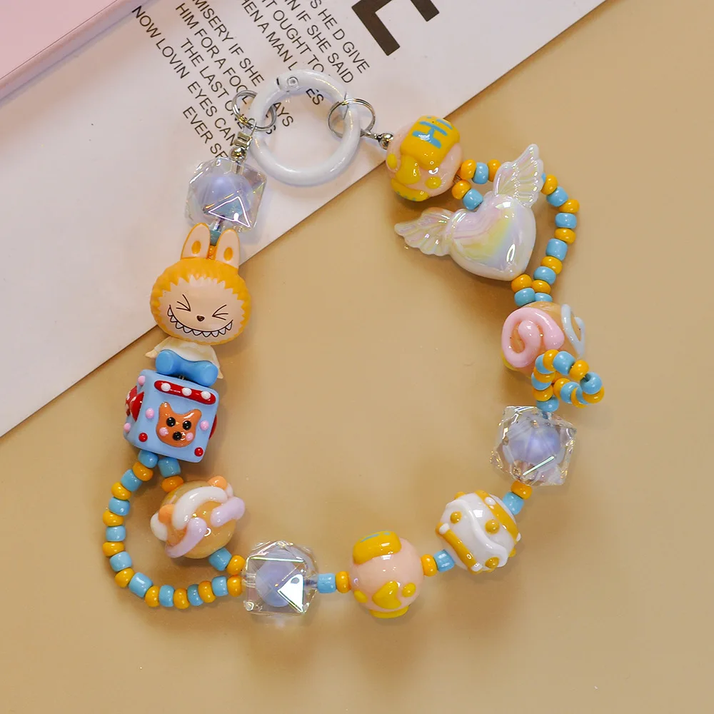 Multicolor Cartoon Hand-drawn Beaded Keychain Bubble Matte Sitting Posture Phone Chain Key Chains Pendant