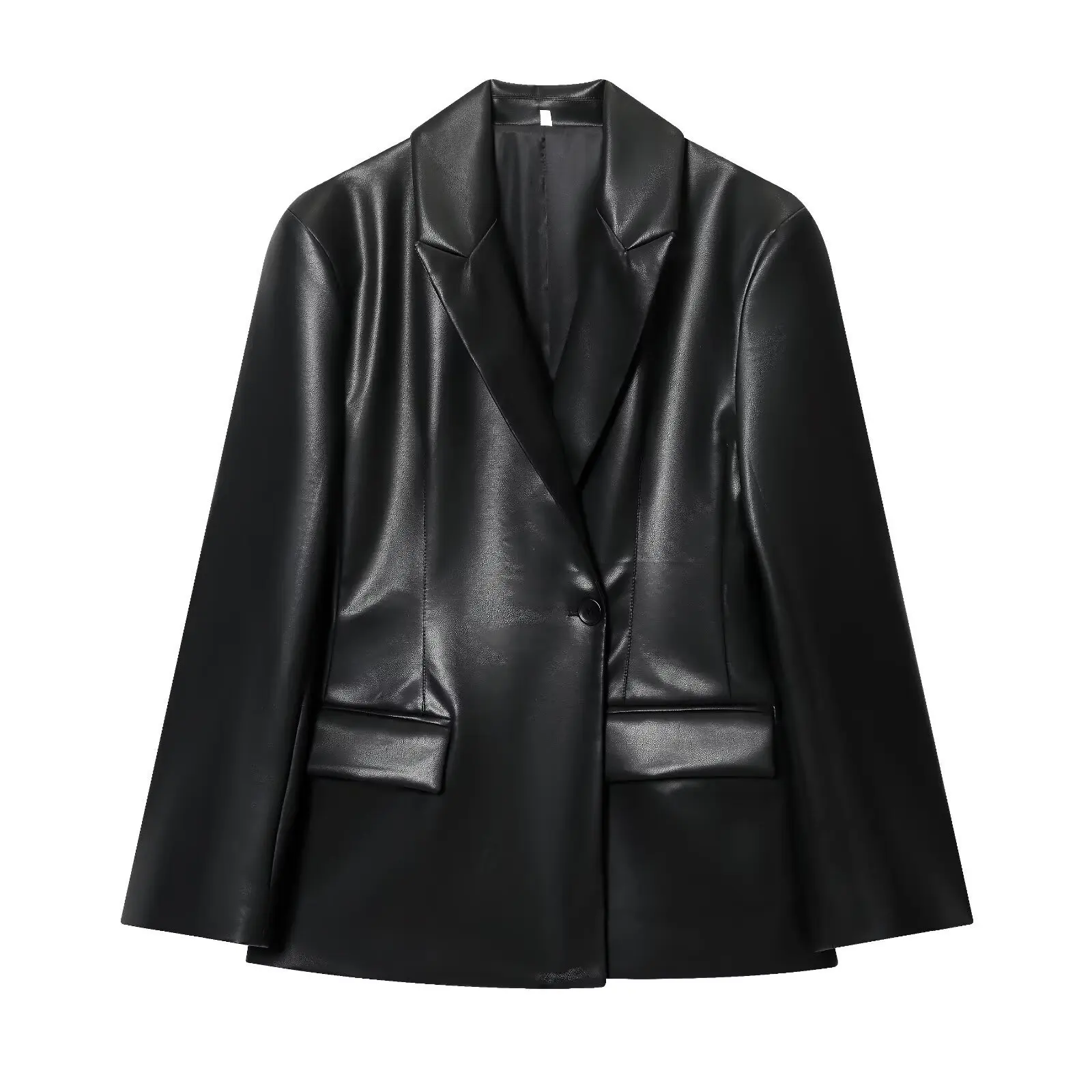 

KIDCRKJ Women Spring Suit Coat Black Lapel Collar Pu Leather Full Sleeve Female Outwear Commuting Minimalist Lady Blazer Coat
