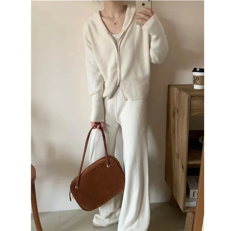 Loungewear Women Outfit Knitted Pants Home Suit Autumn Fashion Zip Up Sweater Hoodie Wide Leg Pants 2 Piece Set Tracksuit Winter