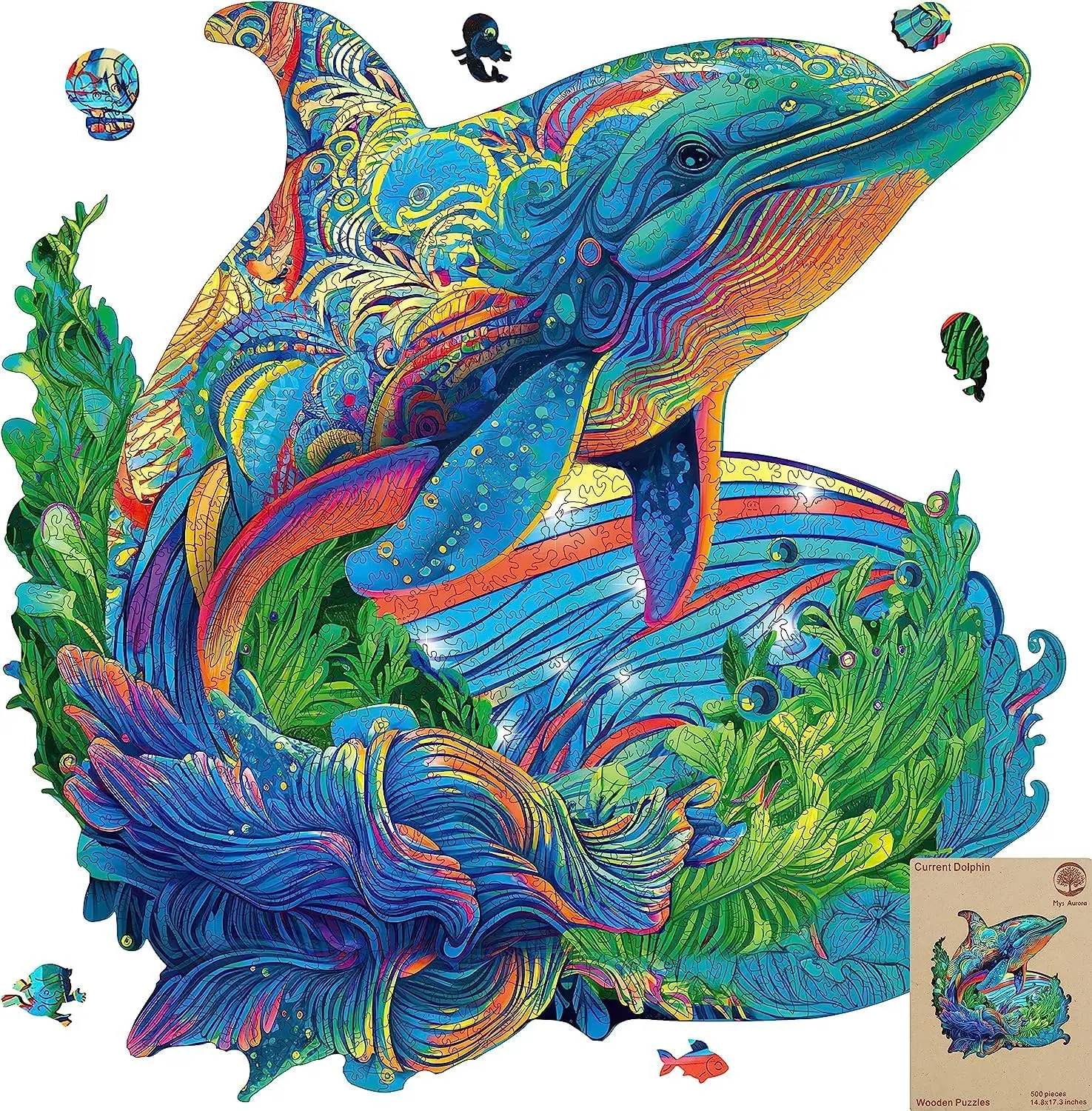 

Dolphin Jigsaw Puzzles 500 Pieces, Unique Shaped Wooden Puzzles for Adults and Kids, Family Game 17.3 x 14.8 Inch