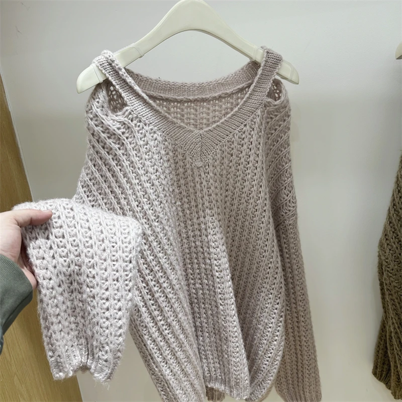 Women's Clothing Grey V-neck Off Shoulder Knitting Sweater Long Sleeves Cashmere Wool Vintage Fashion Baggy Winter Female Tops