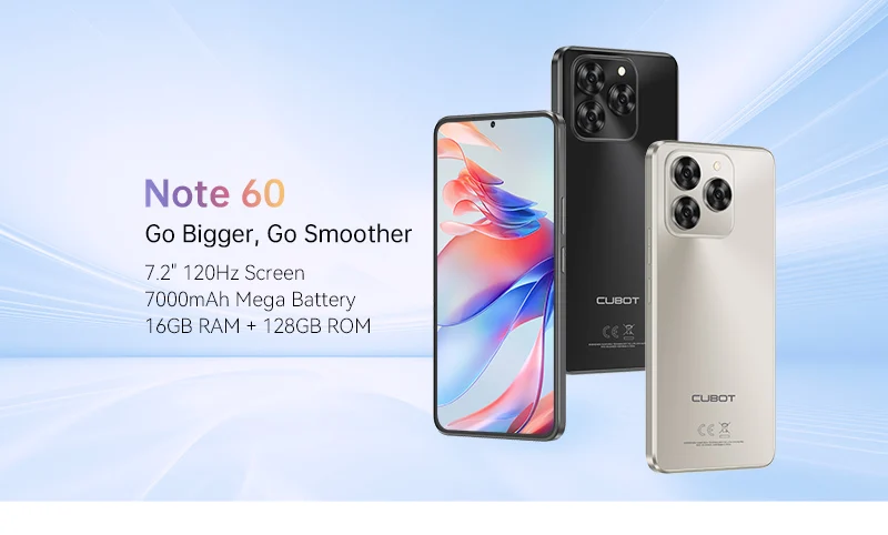 Cubot Note 60 Smartphone, Android 15, 7.2-inch 120Hz Display, Octa-core,16GB(6+10GB )RAM 128GB ROM, 48MP Camera, 7000mAh Battery
