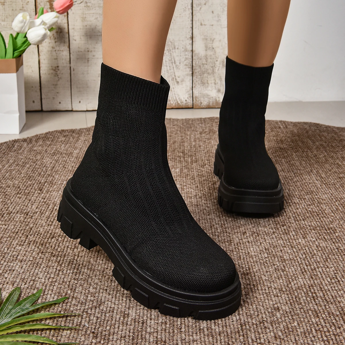 Frauen Stiefel Neue Dicke Sohle Gestrickte Lange Socken Stiefel Frauen Mode Elastische Runde Kappe Low Heels Schuhe für Frauen Über Knie Stiefel