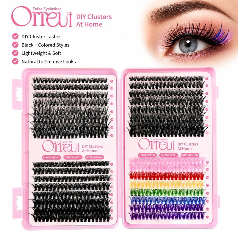 Clusters de cils noirs et colorés, longueurs mixtes 8-16mm, faux cils individuels DIY, volume doux et léger pour maquillage de festival et de fête