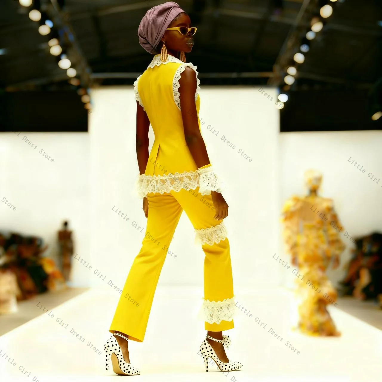 Conjunto de traje de encaje amarillo y blanco para mujer, chaleco de 2 piezas, pantalones, chaqueta Formal sin mangas para oficina, abrigo de boda para graduación personalizado