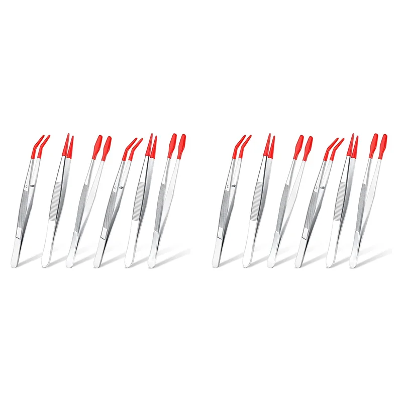 

【Superdeals】12Pcs Tweezers With Rubber Tips Set Soft PVC Rubber Coated Tips Bent And Straight Flat Tip Precision Bent Long Tweez