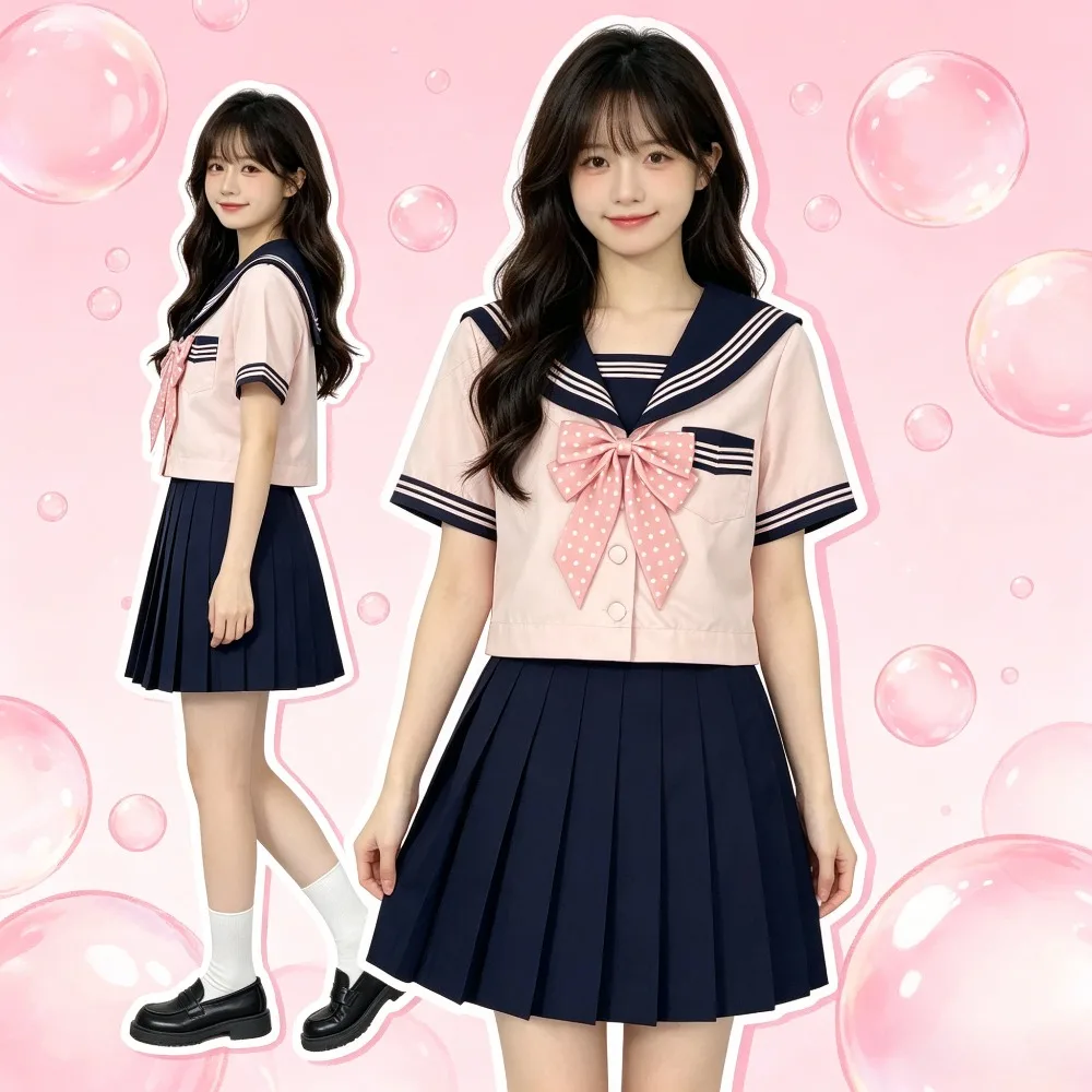 

Sweet Japanese Light Pink Sailor Suit JK Uniform, Blue Collar Powder Three School Uniform for Elegant Campus Daily Casual Wear