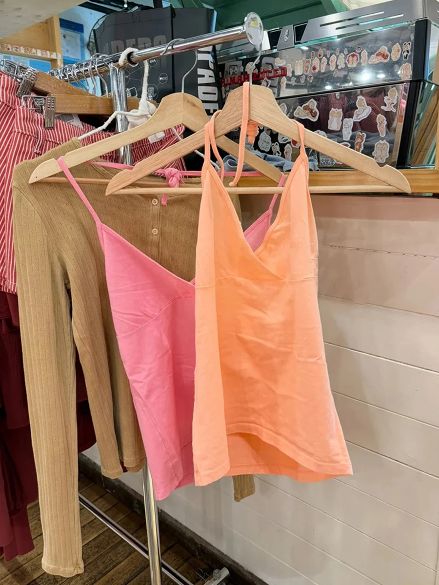 Orange Halter Tank Tops Women Simple Cross V-neck Cotton Slim Strapless Crop Tops Sweet Cute Preppy Style Backless Camisole Y2K view 5