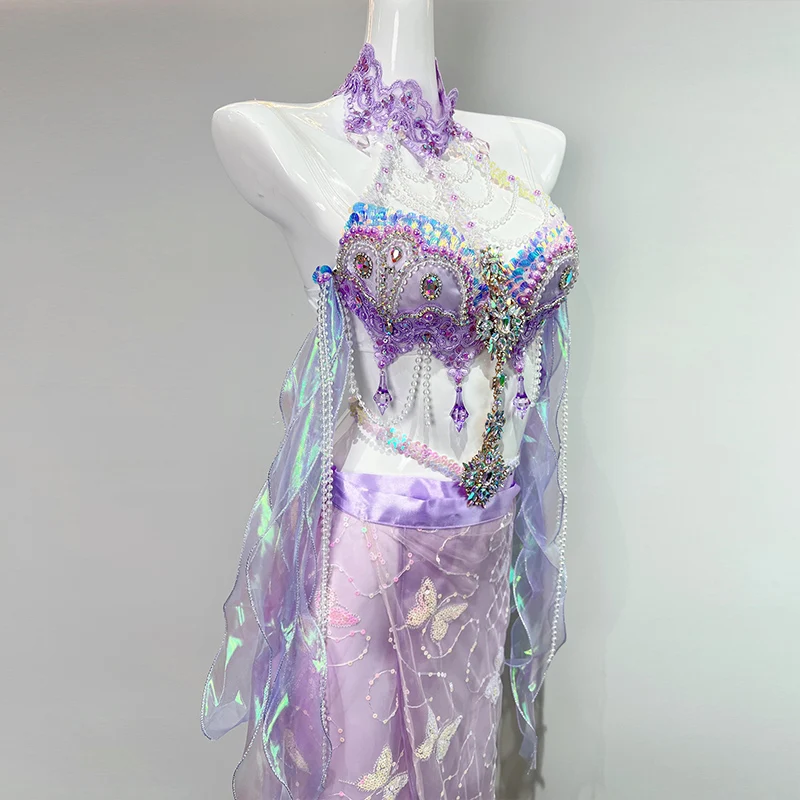 Purple Crystal Bikini Sexy Pole Dance Costume Clubwear Nightclub Gogo Dancer Performance Outfit Belly Dance Clothing