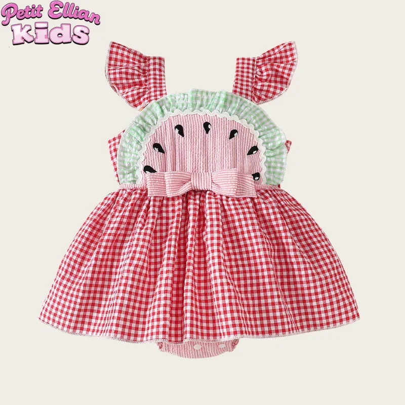 

0 - 2 Y Cute Baby Girls Watermelon Print Checkered Romper Dress with Adorable and Fashionable Summer Outfit Newborn Baby Clothes