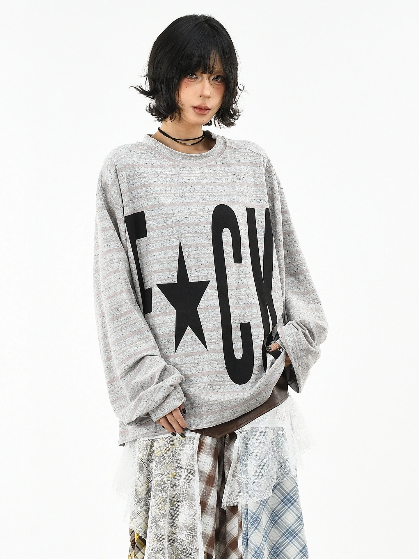 

OV Original American Letter Print Stripes Long Sve T-irt Women's Loose Ultra Soft Lazy Thin Top Spring Season