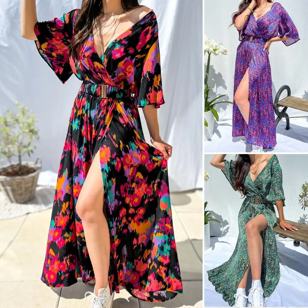 

Deep V-neck Half Sleeve Floral Print Elegant Dress Waist Tight High Split Hem Long Dress Party Clothing