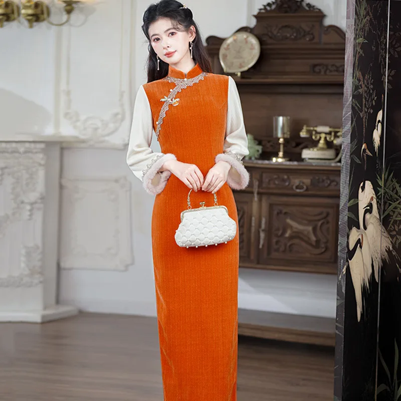 

Оранжевая новогодняя одежда, плотный зимний китайский Cheongsam с длинными рукавами, улучшенный для молодых женщин, ретро, осенне-зимнее Ципао