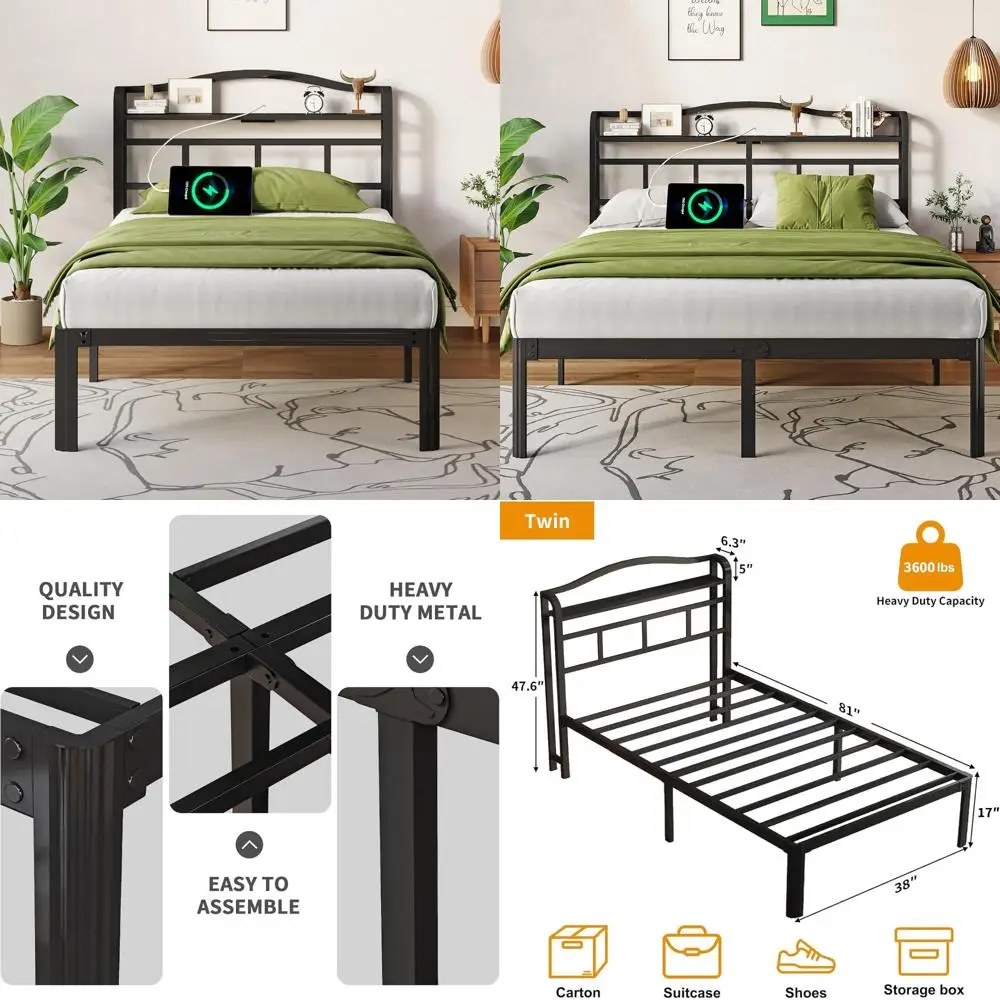 

Twin Size Metal Bed Frame with Headboard and Dual Charging Ports, No Box Spring Required