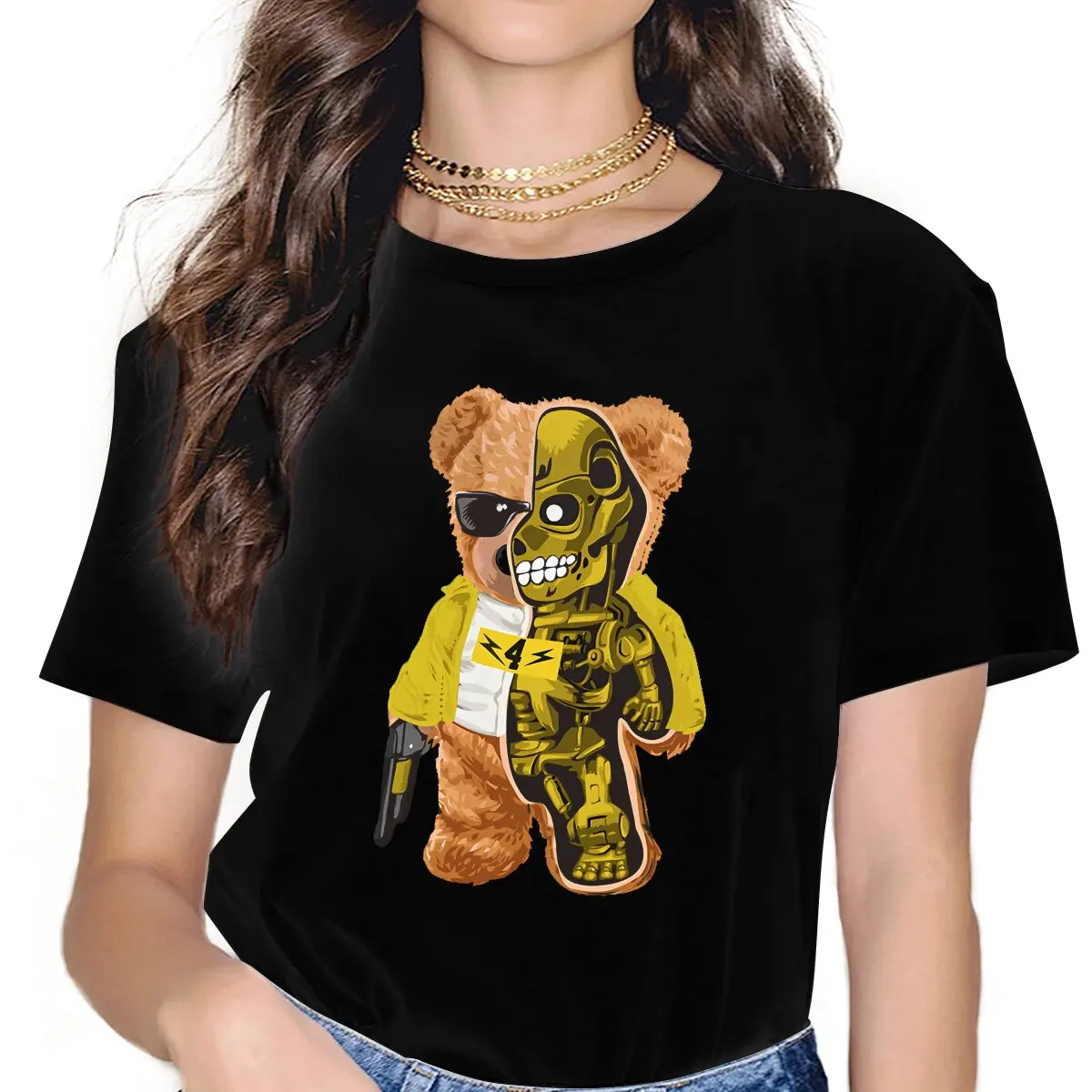 Teddy Robot Women T Shirt Novelty Female Tops Polyester Graphic Kawaii Y2k Tees Ladies Tshirt