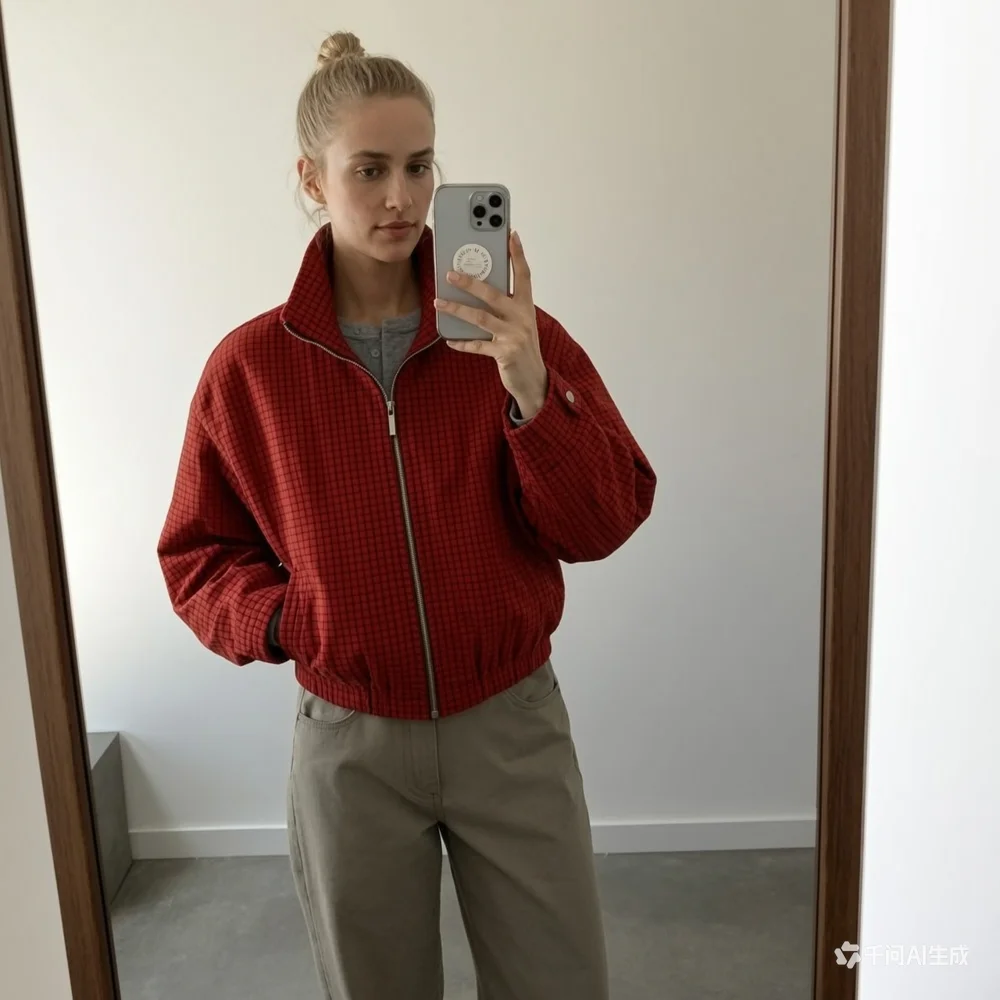 ETJ 2026 Damen Rote Karierte Harrington-Jacke, Kurz Geschnitten, Oversized, Stehkragen, Reißverschluss, Racer-Mantel, Vintage-Gittermuster, Streetwear-Oberbekleidung – Detail 2