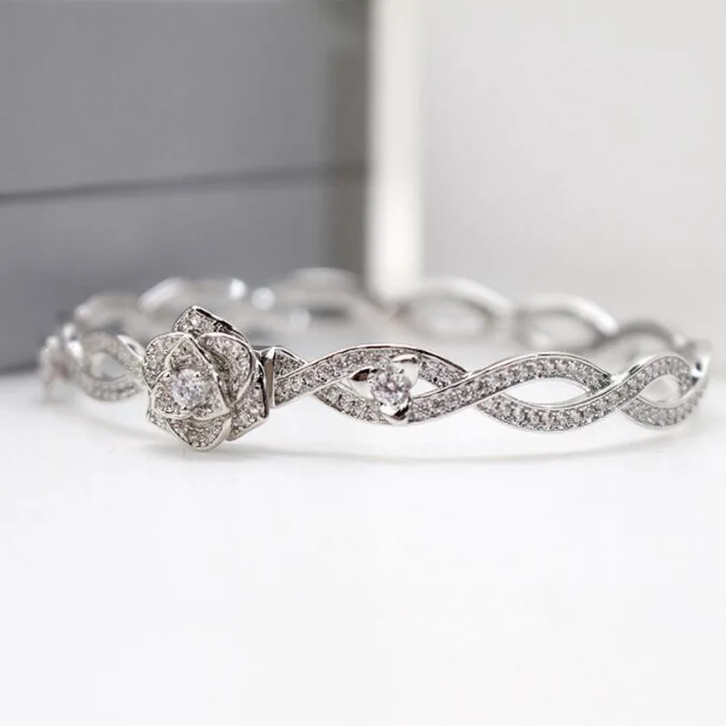 Europe America Designer Collection Style Women Lady Silver Color Settings Full Cubic Zircon Vine Flower Bangle Bracelet