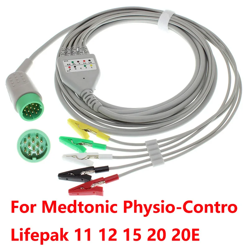 Compatible Medtonic Physio-Contro Lifepak 11 12 15 20 20E Monitor 12P ECG EKG 3/5 Lead One-Piece Cable And Electrode Leadwire .