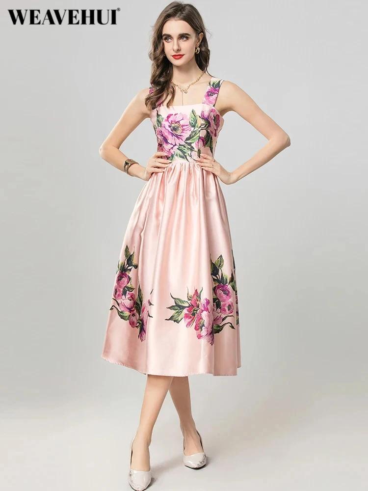 

WEAVEHUI Vintage Women's Spaghetti Strap Sleeveless Dress Flowers Print Backless Summer Party Fashion Female Clothing
