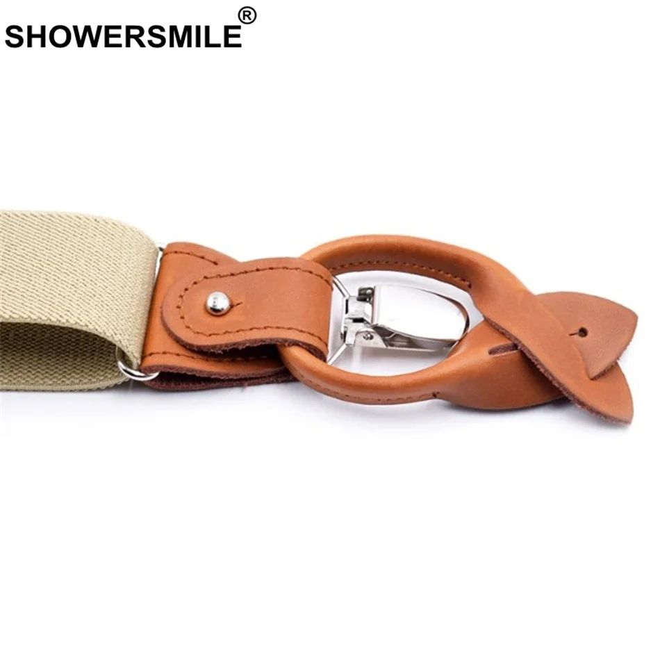 SHOWERSMILE Men Suspender Clips Solid Red Shirt Braces Leather Elastic Male Wide Suspenders 3.5cm Khaki Blue Black Coffee