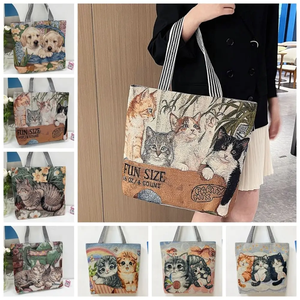 Dog Ethnic Style Handbag Large Capacity Embroidery Animal Shoulder Bag Cosmetic Bag Shoulder Bags Cute Cat Cloth Bag Shopping