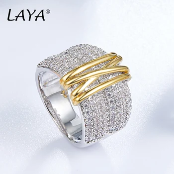 LAYA 100% 925 스털링 실버 패션 레트로 라이트 골드 멀티 라인 빛나는 지르콘 반지, 남성 여성 파티 절묘한 고급 주얼리