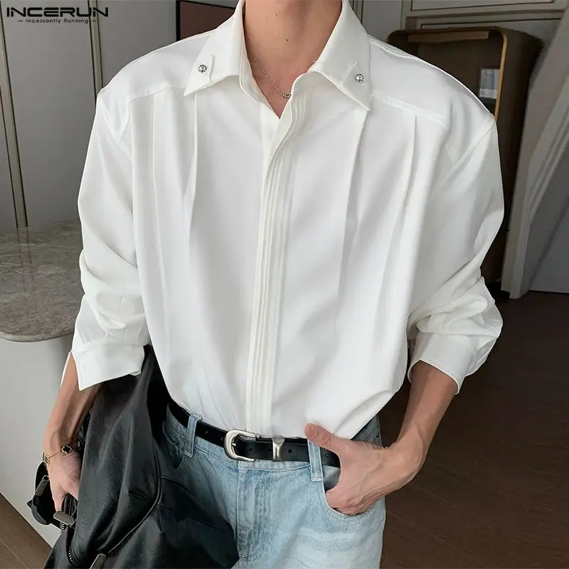 INCERUN Men's Shirt Solid Color Lapel Long Sleeve Loose Casual Men Clothes Streetwear Pleated Korean Style Tops For Man Shirts