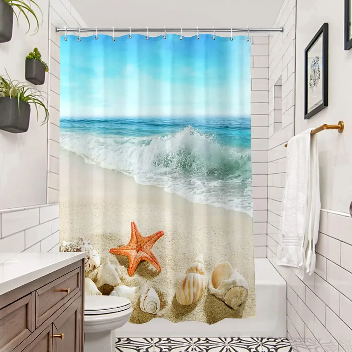 Beach Shower Curtain Machine Washable Seashells Starfish Conch Waves Ocean Bath Curtain Blue Bathroom Accessories Set with Hook