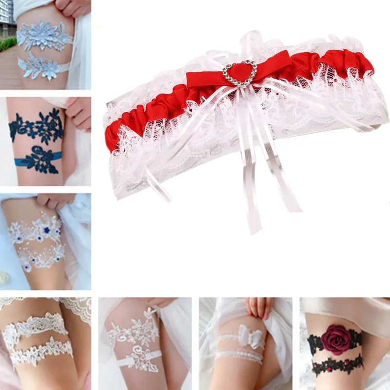 Wedding Garter Sexy Elastic Rhinestone Lace Leg Garter Belt with Ribbon Bow Suspender Thigh Harness For Bride Party Wedding Gift