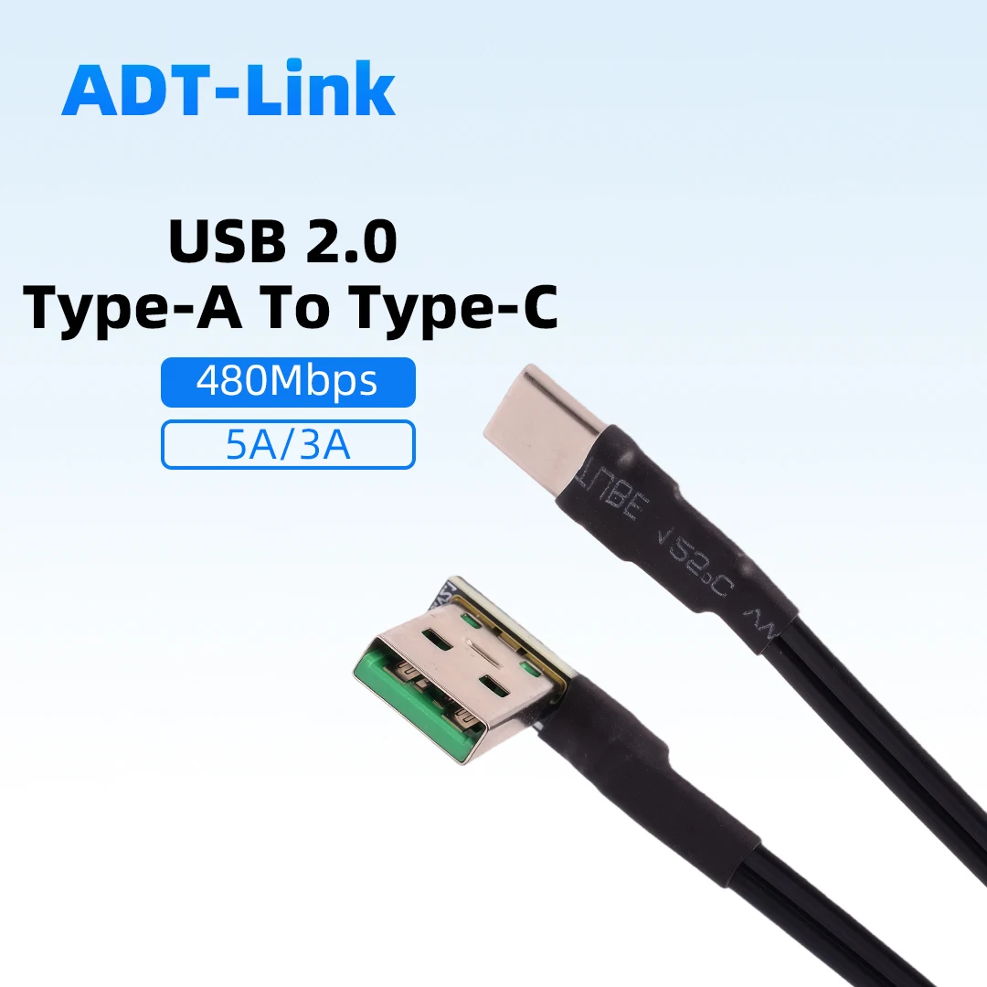 USB 2.0 Type-A To Type-C Flat Charging Data Cable 90 Degree Angle 480Mbps 5A 0.03m-10m Customized Length Support High Current