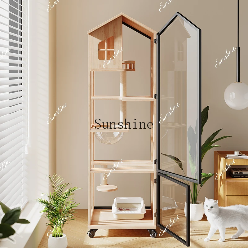 Small apartment cat villa cage door lock solid wood cat litter box in large space FT