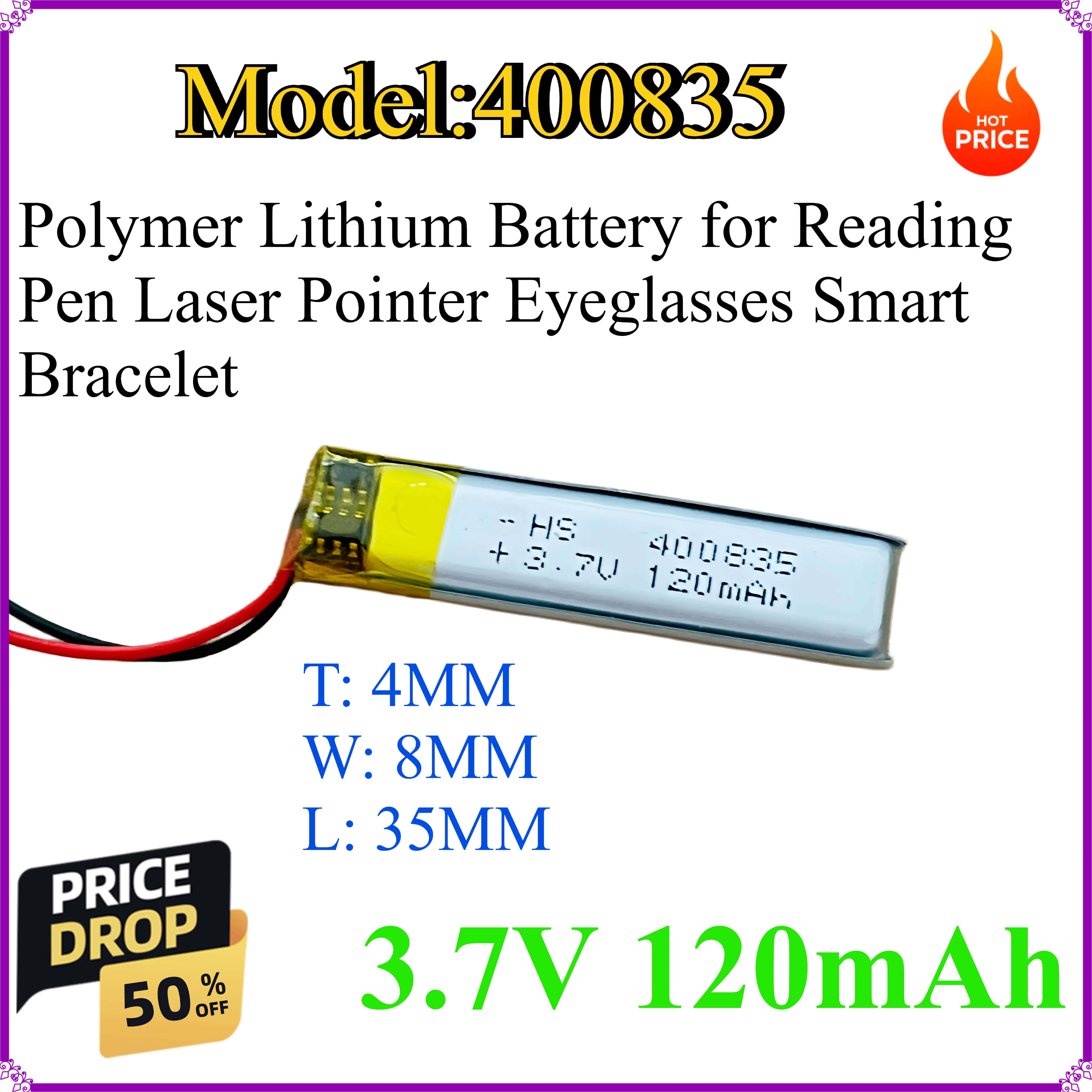 

400835 120mAh 3.7V Polymer Lithium Battery for Reading Pen Laser Pointer Eyeglasses Smart Bracelet