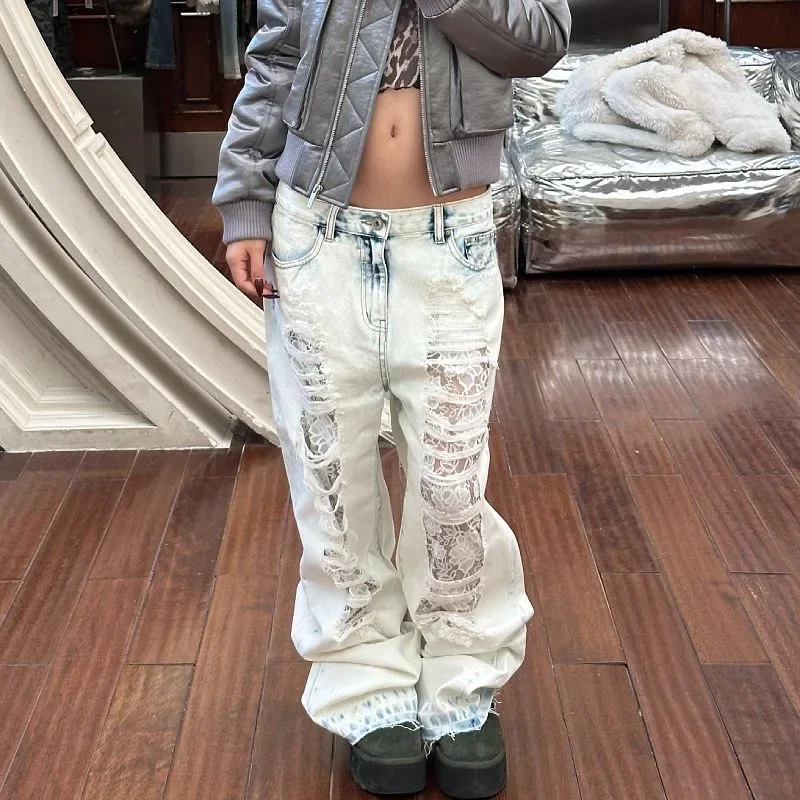 

Women's Light Blue Ripped Jeans High Waist Vintage Classic Straight Baggy Denim Pants Street Y2K American Style Wide Leg Denim