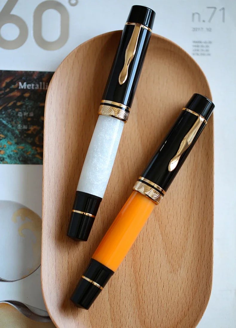 MAJOHN P139 Large Piston Fountain Pen No.6/8 EF/F/M Nib Orange Resin Writing Ink Pens Full Copper Piston Structure Design