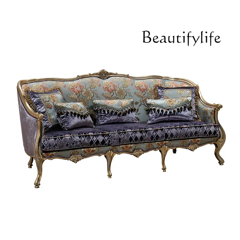 

European light luxury classical solid wood carving flower fabric single three sofa home living room furniture