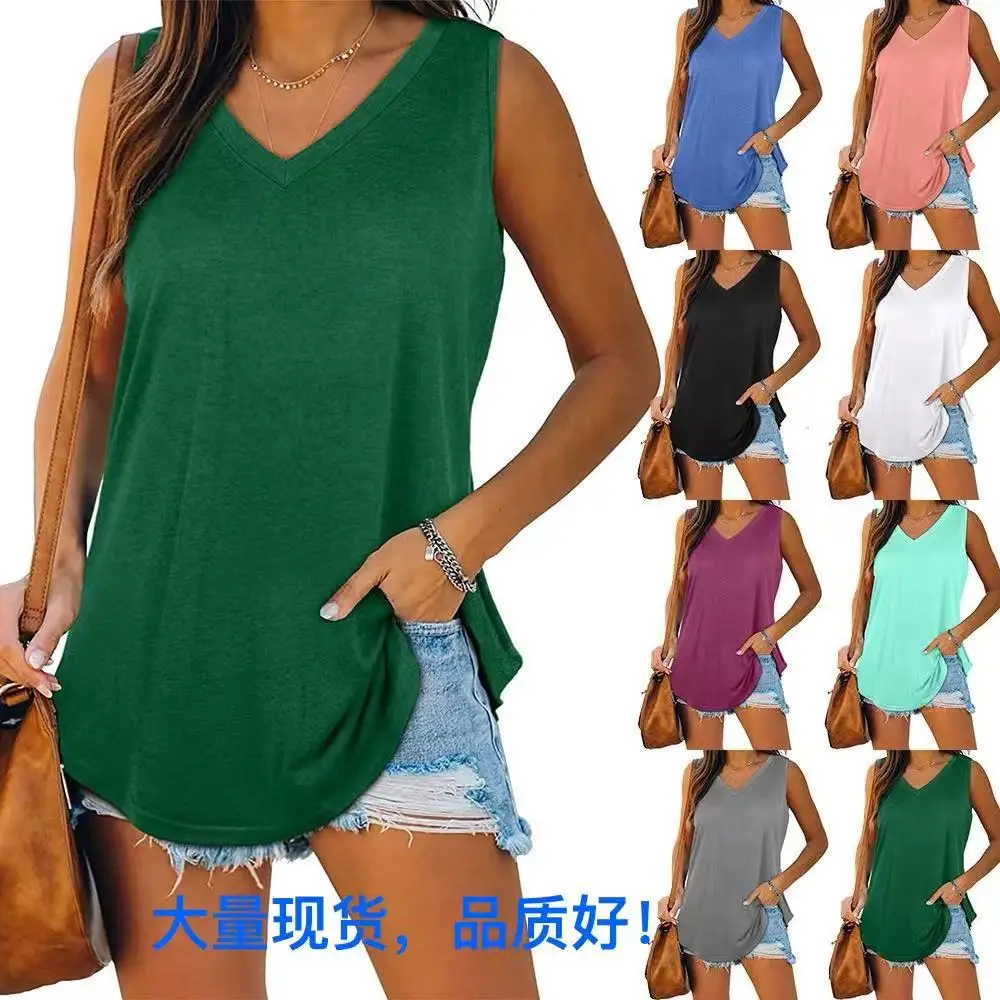 

2025 New V-neck Dovetail Sleeveless Solid Color Vest T-shirt Women's Clothing Europe and The United States