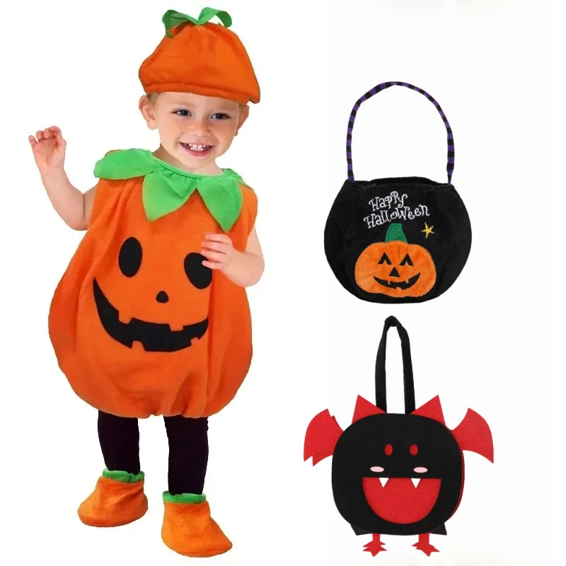

Pumpkin Costume Handbag Halloween Cosplay Romper Set Boy Girl Stage Performance Holiday Dress Up Clothes with Hat Carnival Gift