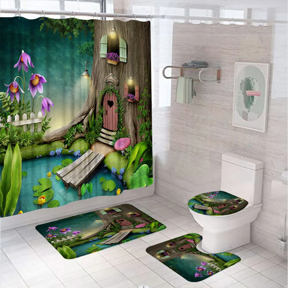 3D Psychedelic Mushroom Shower Curtain Sets Fantasy Forest Fairy Tale Bathroom Curtains Non-Slip Bath Mat Rug Lid Toilet Covers