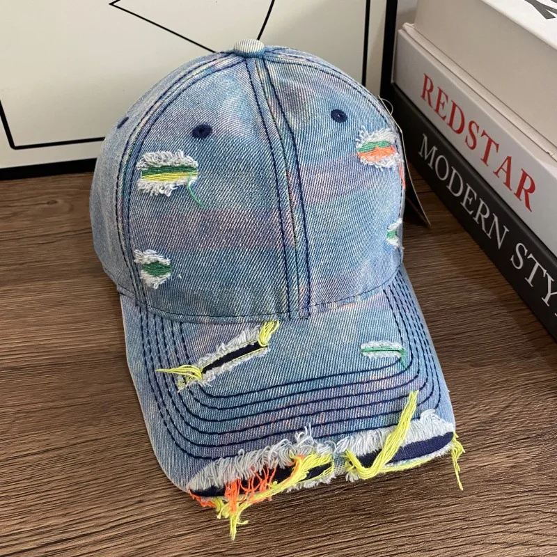 Retro Washed Denim Baseball Cap Multi Color Ripped Holes Frayed Brim Destroyed Soft Dad Hat for Men Women Y2K