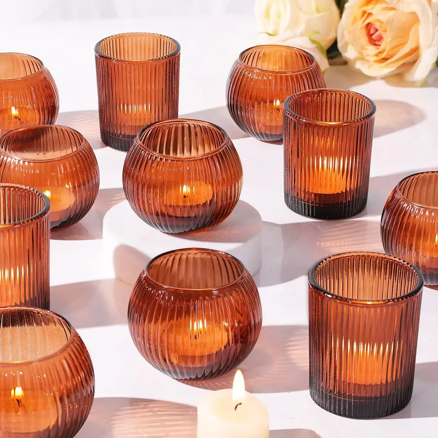 

Assorted Ribbed Amber Votive Candle Holders, Amber Tea Lights Candle Holder for Wedding Decorations, Clear Glass Candle Holders
