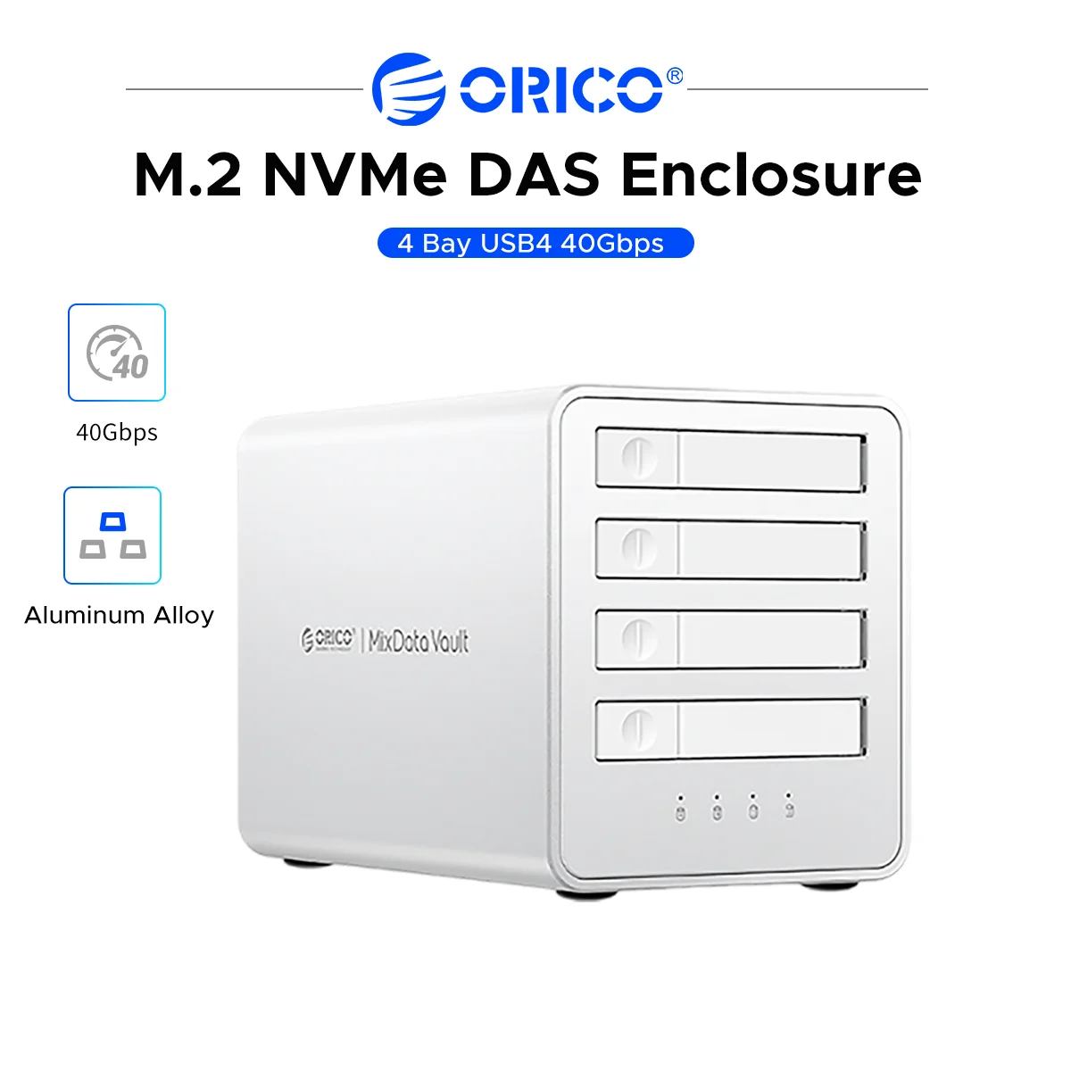 ORICO MixData Vault 4 Bay M.2 NVMe DAS Enclosure USB4 40Gbps Software RAID Only 32TB Silent Fan Storage