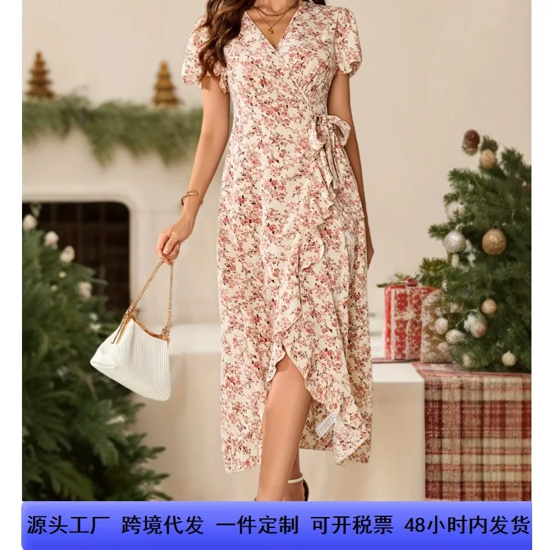Summer Woman Dress V Neck Floral Print Open Front Dresses Elegant Women's Midi Length Self Tie Waist Maxi Dress Lilac Ruffle