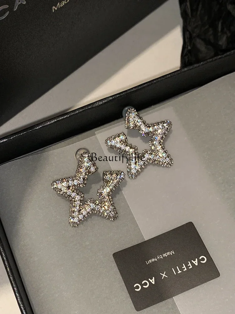 

Silver Needle Zircon Pentagram Stud Earrings Women's Light Luxury Minority Unique High-Grade Earrings