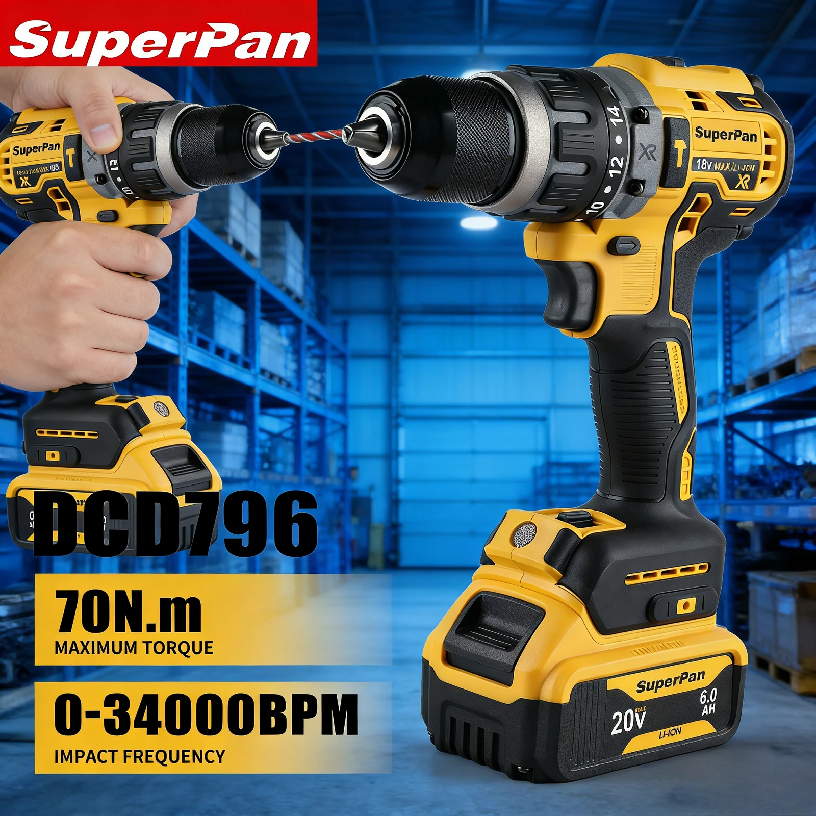 

Аккумуляторный шуруповерт SuperPan DCD796, 70 Нм, для домашнего ремонта, совместим с аккумуляторами Dewalt 20В