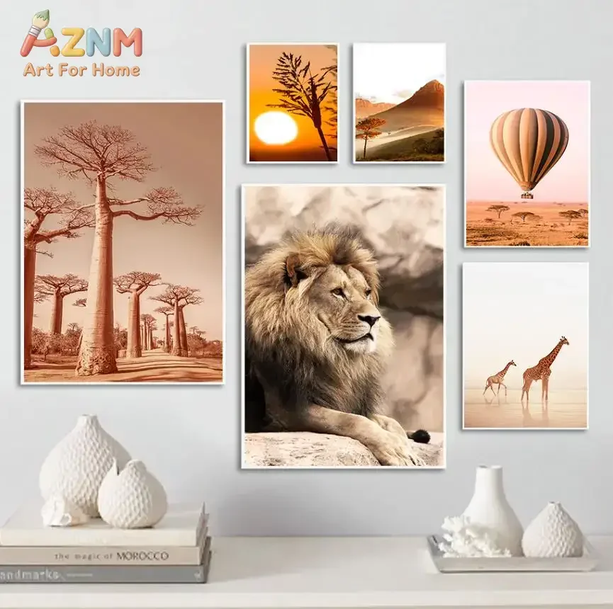 AZNM African Safari Canvas Wall Art Lion Baobab Tree Giraffe Hot Air Balloon Sunset Mountain Landscape Print Poster Warm Wild An