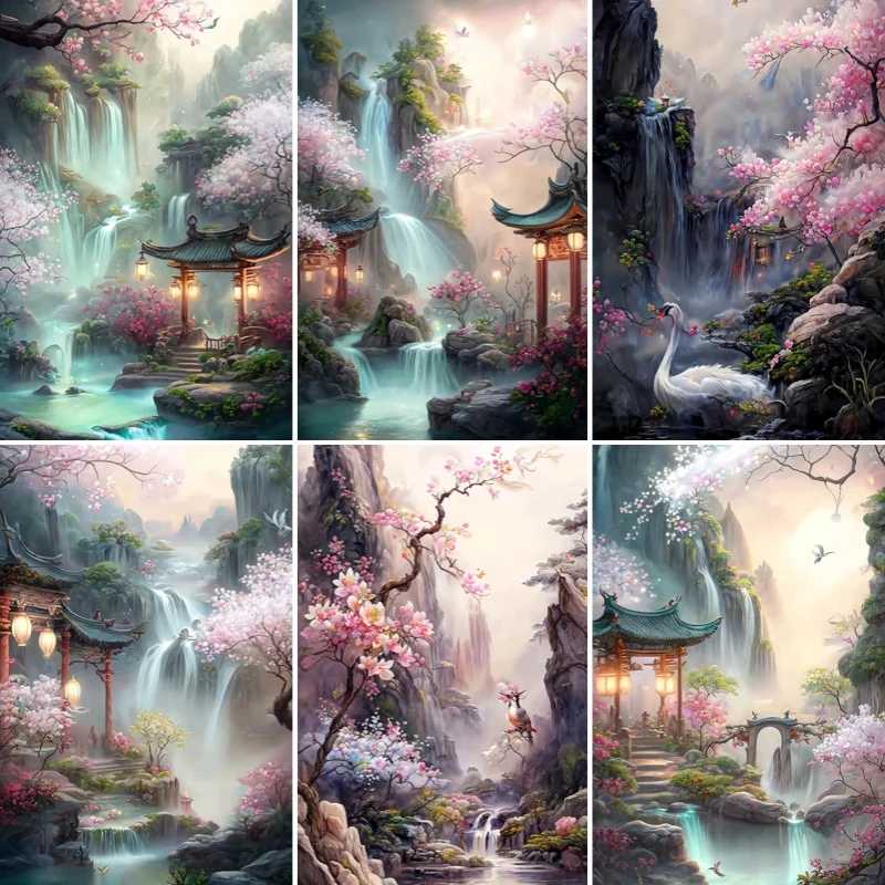 

Frameless,Waterfall Pavilion 5D DIY Full Diamond Diamond Painting Mosaic Cross Stitch Family Set Handmade Embroidery Decorative