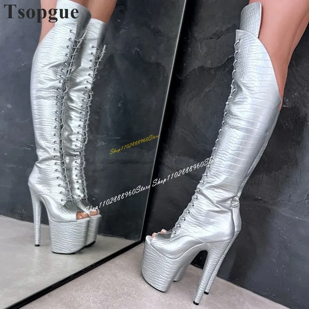 

Knee High Silver Platform Beveled Cross Tied Boots Thin High Heel Shoes For Women Side Zipper Peep Toe 2024 Zapatos Para Mujere