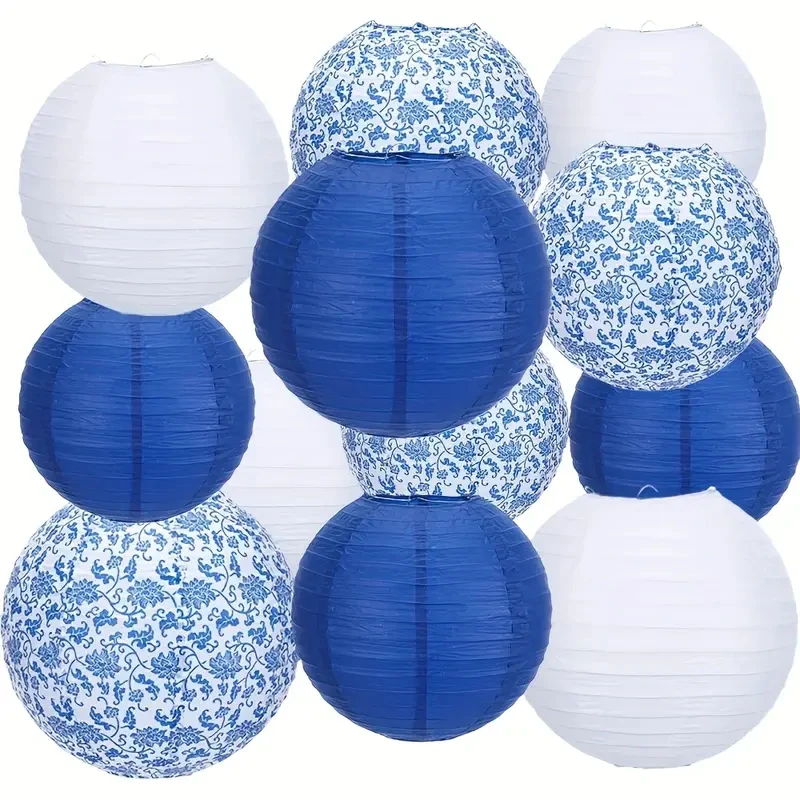 Juego de suministros para fiestas con linterna de papel de 6 piezas, linterna redonda impresa de cerámica azul y blanca, linterna de papel colgante japonesa china adecuada para techo, boda, fiesta de cumpleaños, decoración del hogar