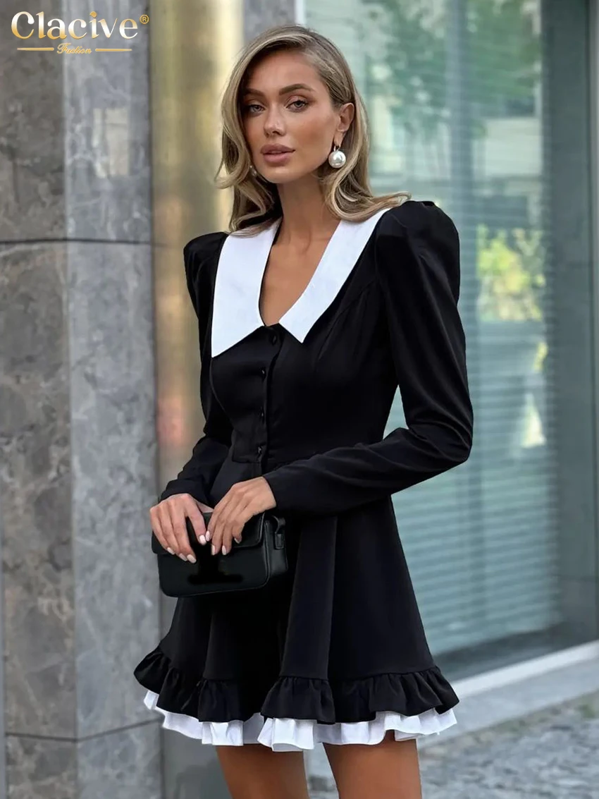 Clacive Fashion Loose Black Patchwork Women\'s Dress Fashion Lapel Long Sleeve Office Mini Dresses Elegant Classic Female Dress